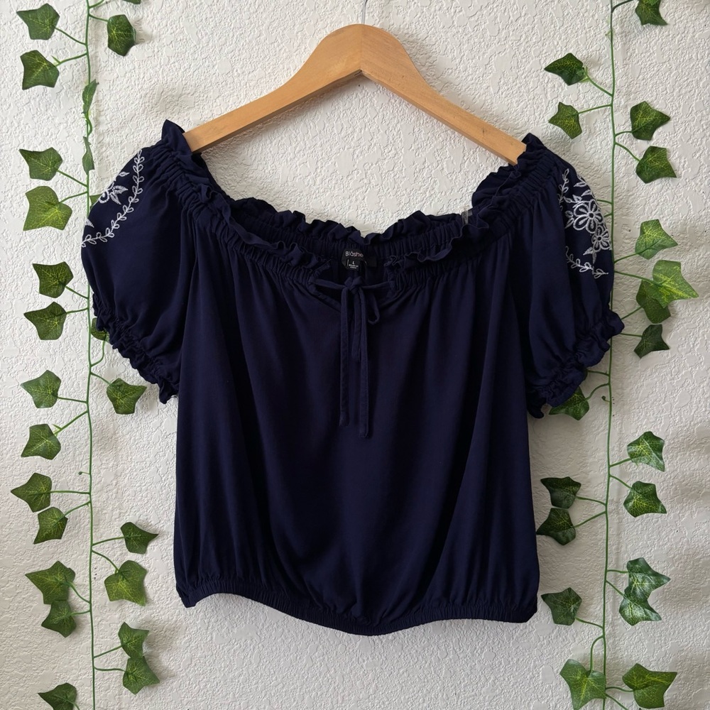 Blashe Womens Puff Sleeve Off the Shoulder Embroidered Crop Top Dark Blue Size L